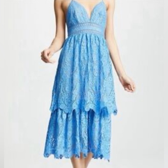 SAYLOR Dresses & Skirts - Saylor Safia Lace Sleeveless Adjustable Straps Tiered Midi Dress Blue Size Large